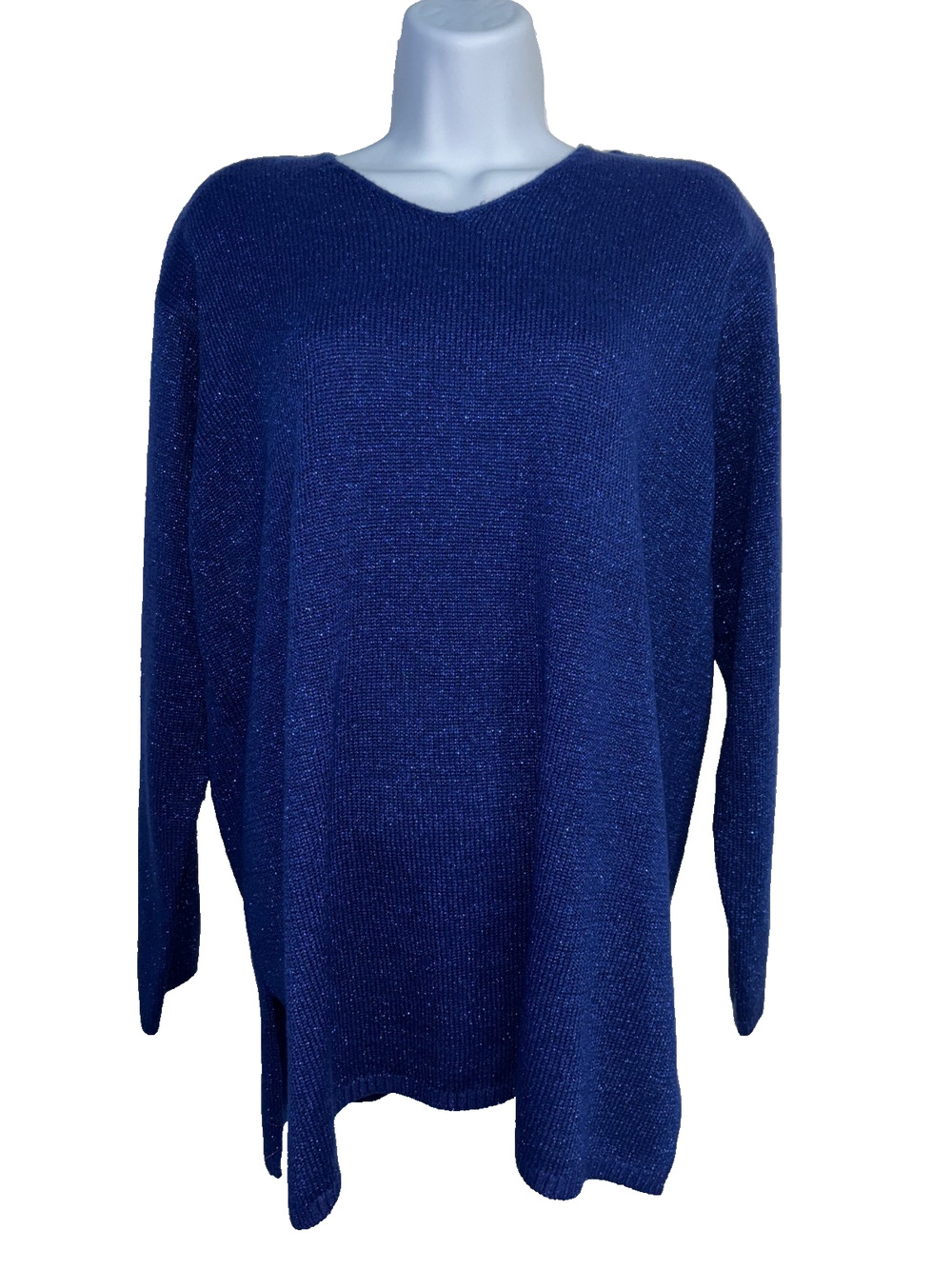 Karen Scott Sweater Women's Large Blue Metallic Knit V Neck Pullover 3/4 Sleeve